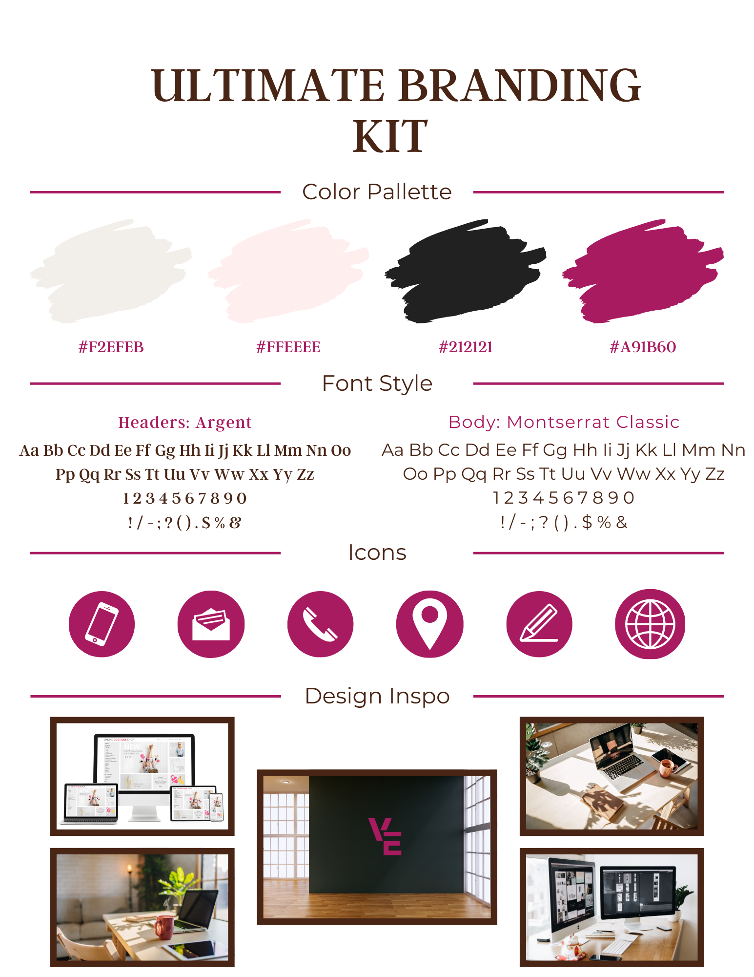 VE UBK Example of our branding kit including colour palette, icon display, images and typography